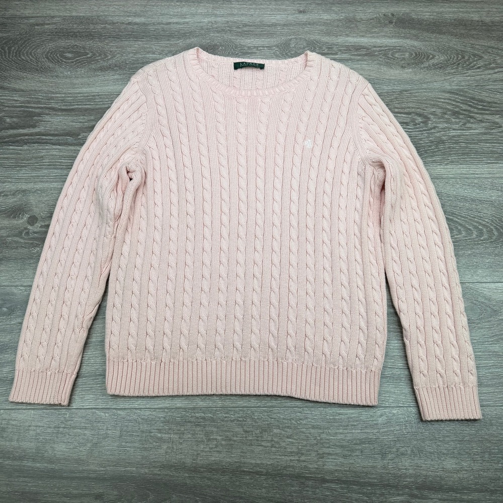 Lauren Ralph Lauren Cable Knit Sweater Womens Large Pink Cotton Chunky Y2K